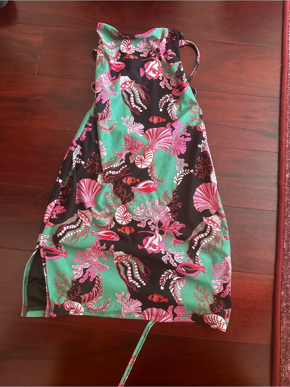 Tropical Shell Print Halter Dress in Green, Pink & Black
